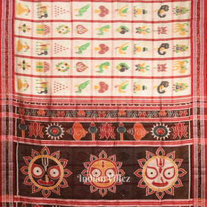 White Nabakothi Jagannath Theme Odisha Ikat Khandua Silk Saree
