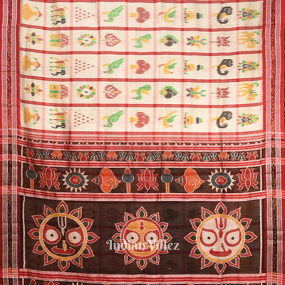 White Nabakothi Jagannath Theme Odisha Ikat Khandua Silk Saree