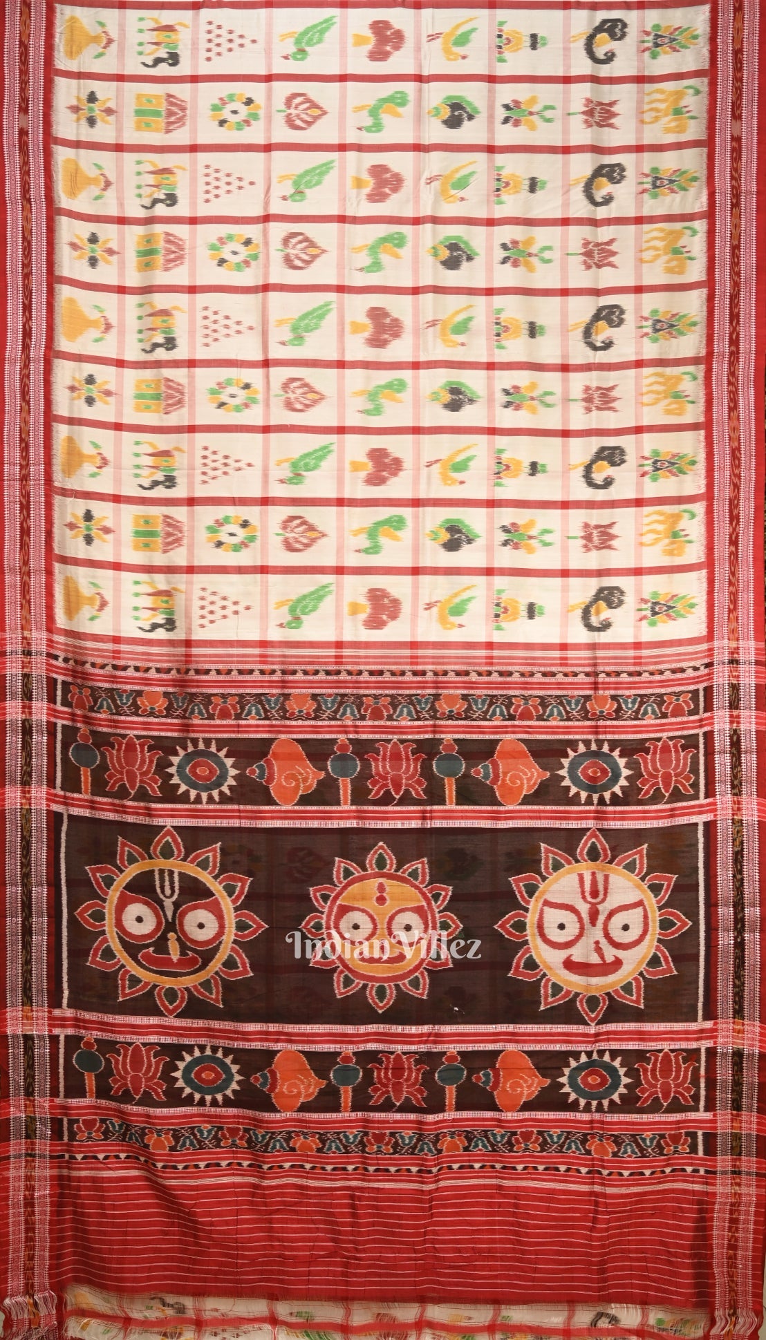 White Nabakothi Jagannath Theme Odisha Ikat Khandua Silk Saree