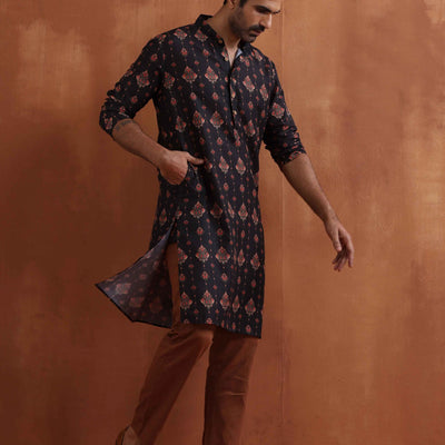 trueBrowns Men's Black Printed Kurta