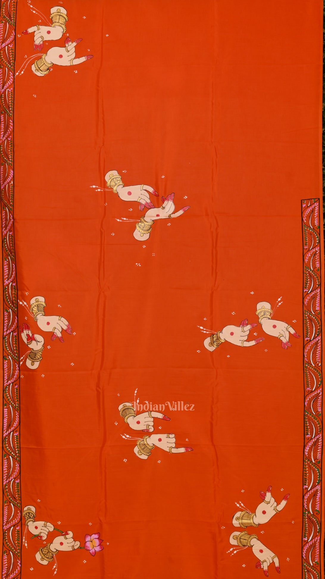 Orange Konark Chakra Nartaki Hand-Painted Pattachitra Saree