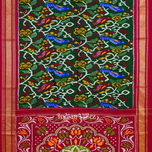 Green Floral With Bird Design Pochampally Ikat Handloom Silk Saree