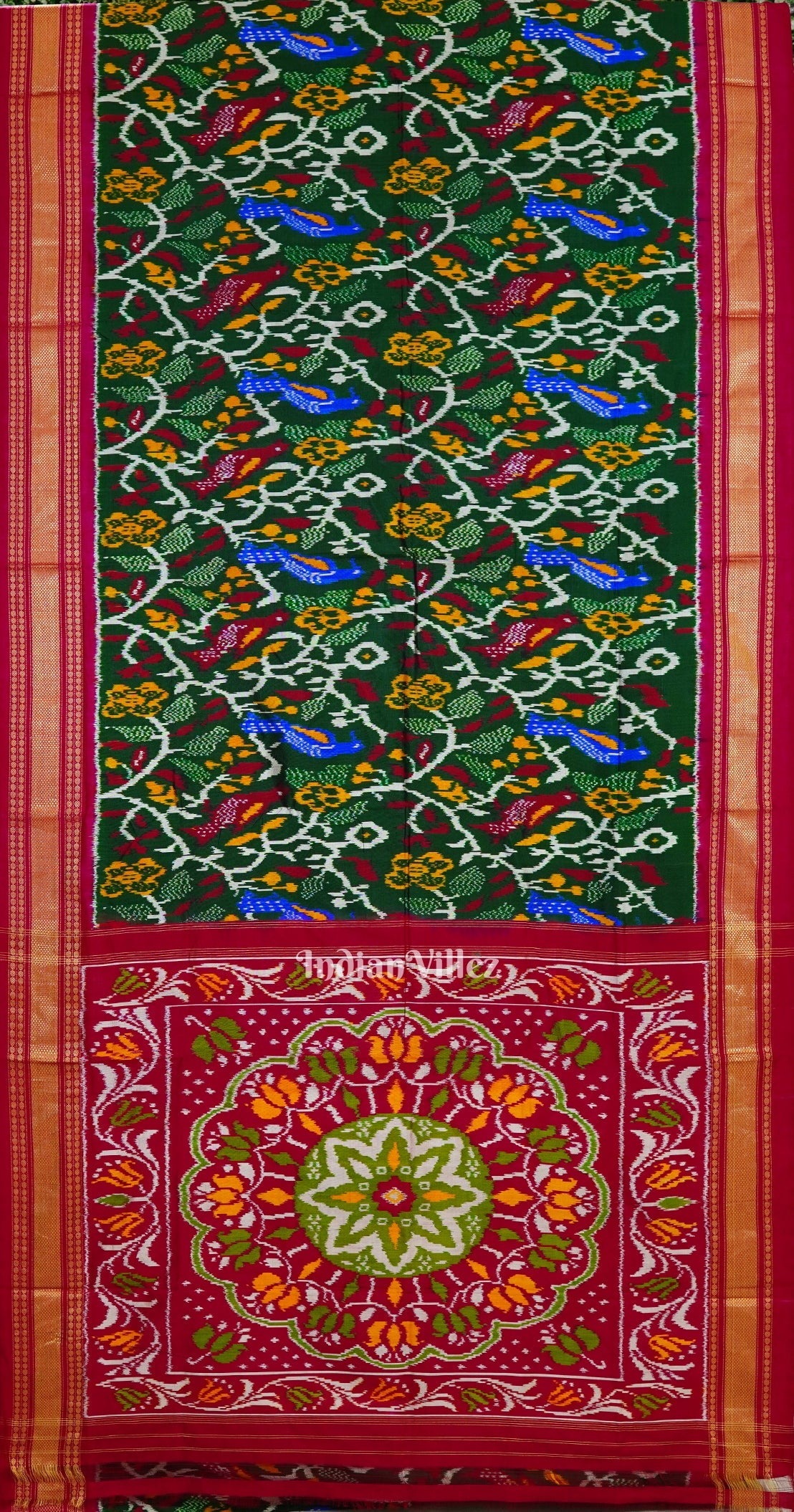 Green Floral With Bird Design Pochampally Ikat Handloom Silk Saree