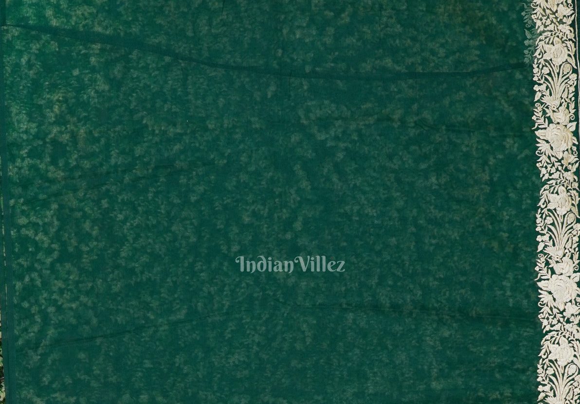 Green Parsi Gara Floral Motif Hand Embroidered Saree