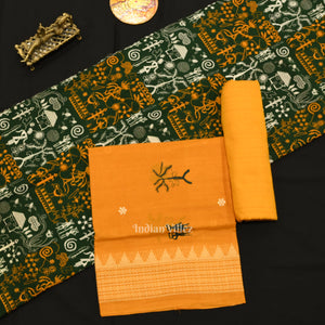 Dark Green Yellow Tribal Design  Sambalpuri Cotton Dress set with Dupatta