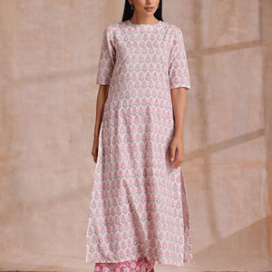 Pink Green Floral On White Block Print Cotton Slit Kurta Pant Set | Relove