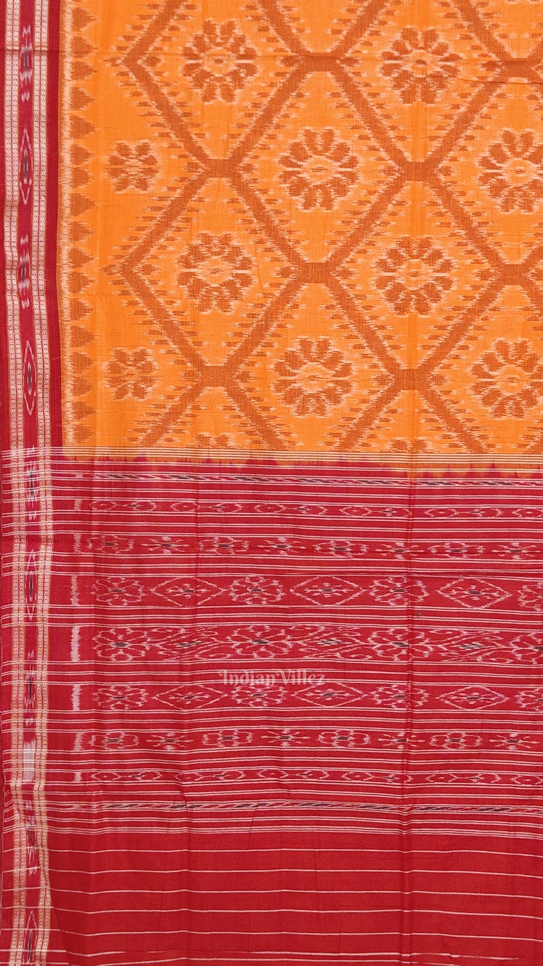 Yellow Red Bada Phula Odisha Ikat Maniabandha Cotton Saree