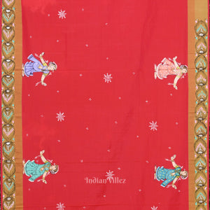 Red Radha Krishna Raasleela  Hand-Painted Pattachitra Saree