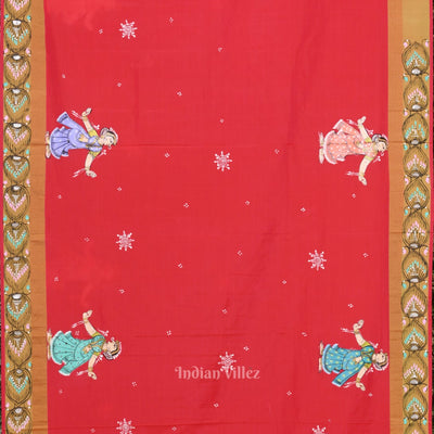 Red Radha Krishna Raasleela  Hand-Painted Pattachitra Saree