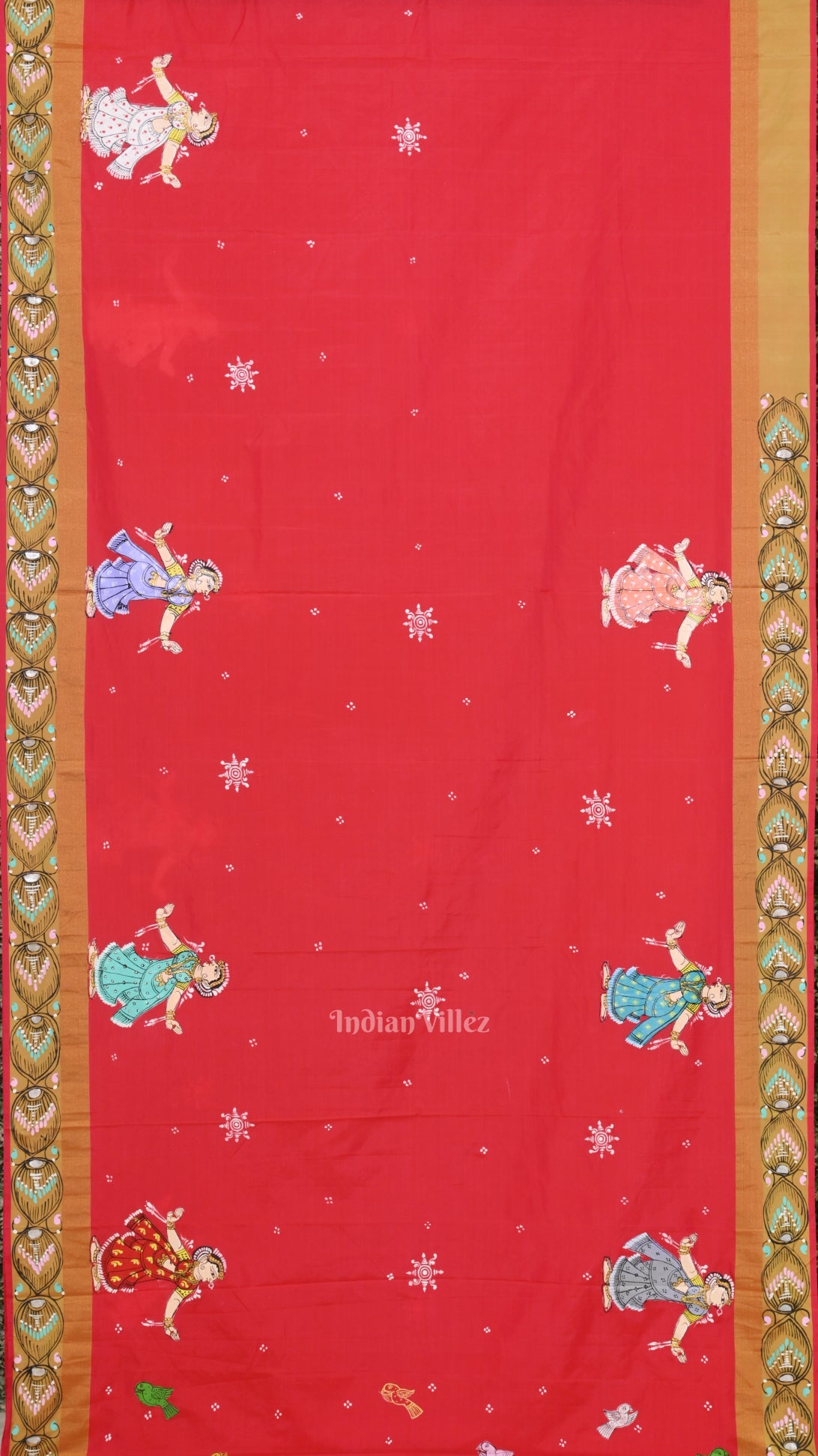 Red Radha Krishna Raasleela  Hand-Painted Pattachitra Saree