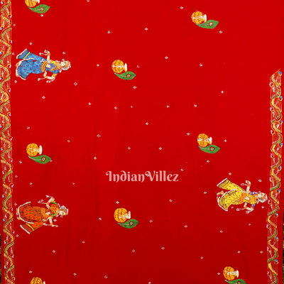Teal And Red Krishna Radha With Boita Theme Hand-Painted Pattachitra Saree