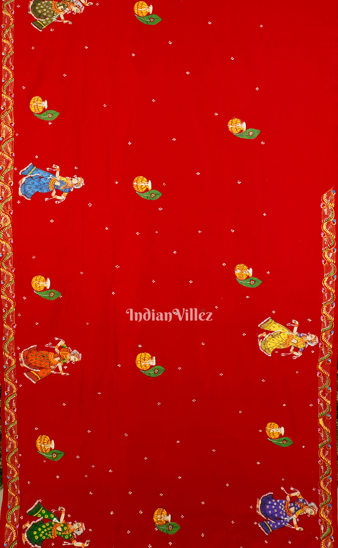 Teal And Red Krishna Radha With Boita Theme Hand-Painted Pattachitra Saree