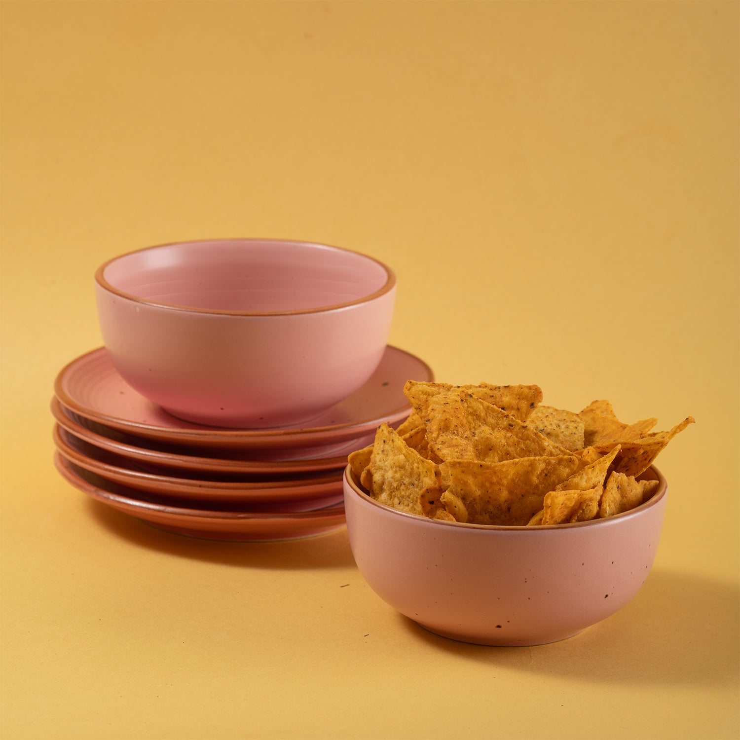 Handmade Ceramic Snack Platter, set of 2 serving bowls and 4 Quarter plates for house parties, Set of 6, Warm Pink