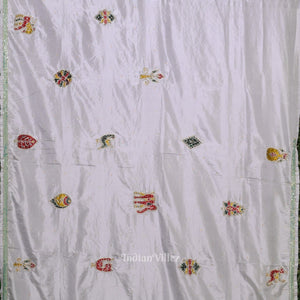 Blue Cement Square Motif Pure Silk Hand Embroidered Saree