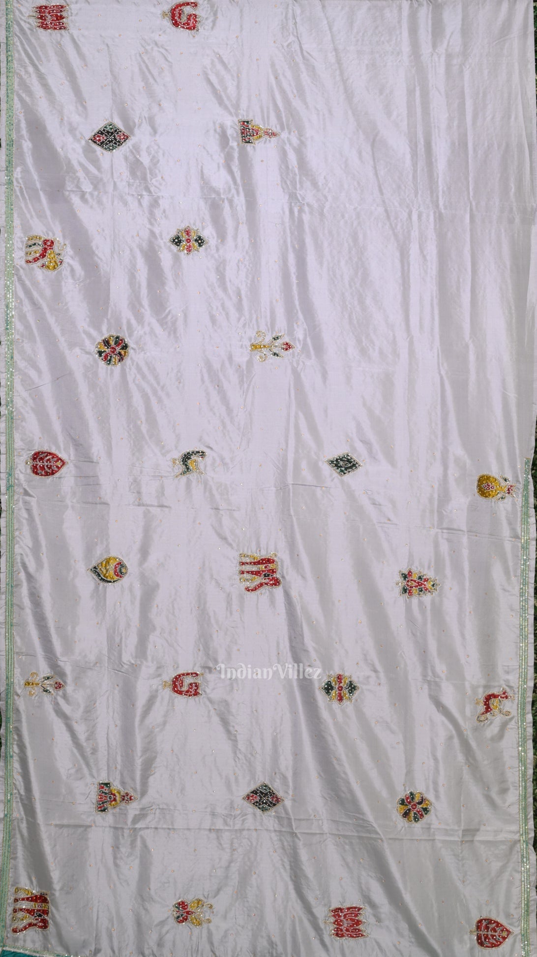 Blue Cement Square Motif Pure Silk Hand Embroidered Saree