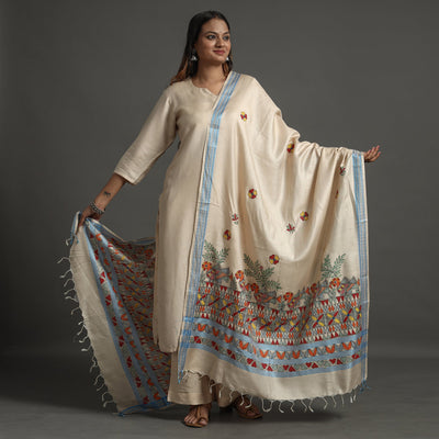 Beige - Madhubani Handpainted Tussar Cotton Handloom Dupatta 01