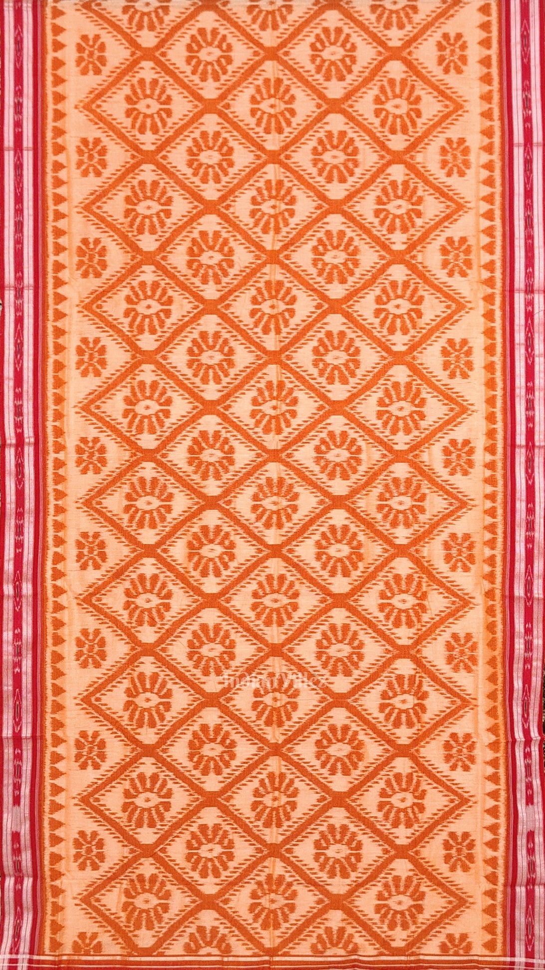 Light Yellow Red Bada Phula Odisha Ikat Maniabandha Cotton Saree