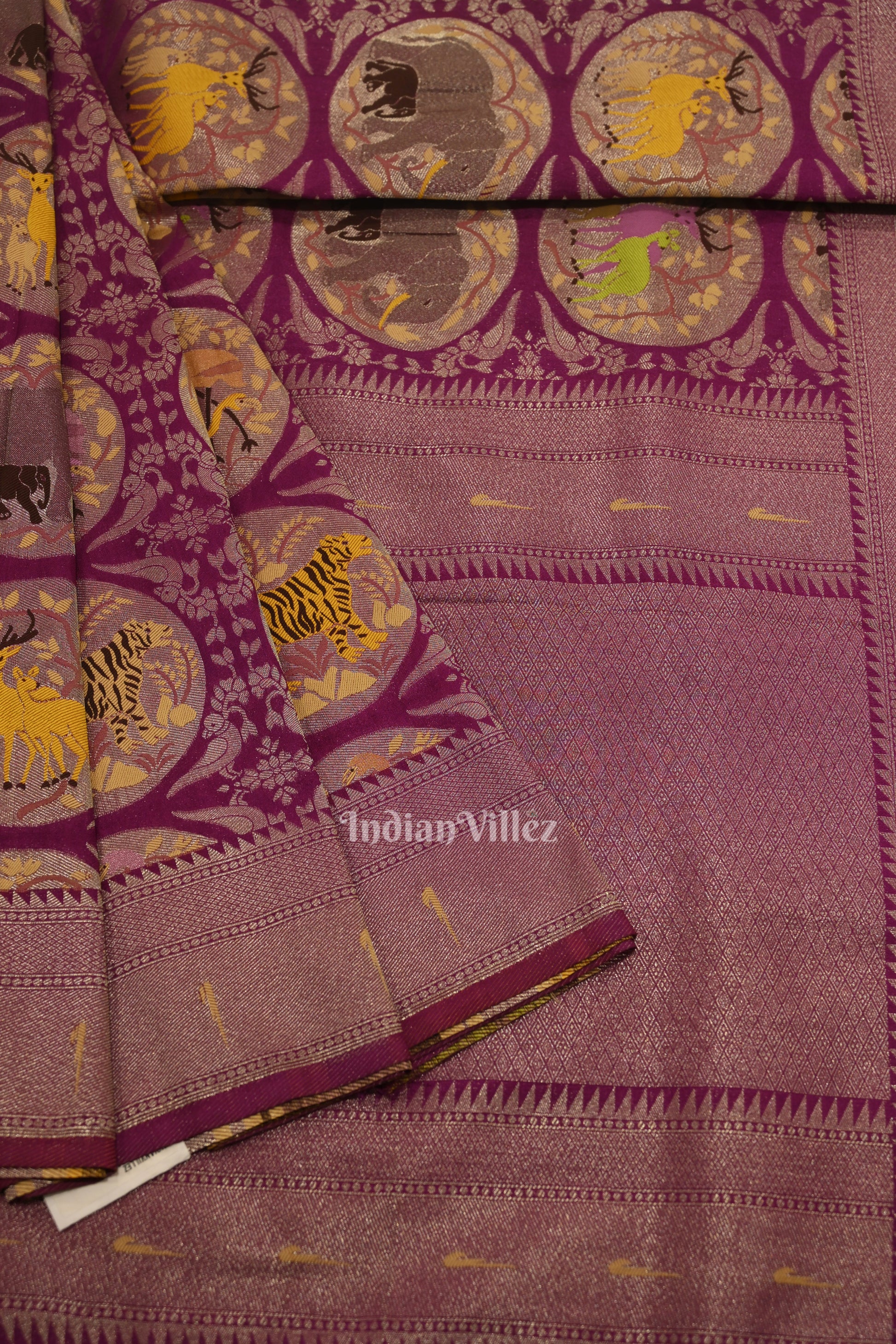 Jam Purple Shikargah Theme Khaddi Georgette Banarasi Saree