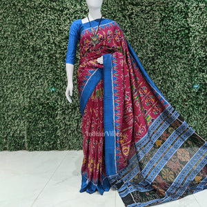 Pink Sky Blue Flower and Elephant Contemporary Odisha Ikat Silk Saree