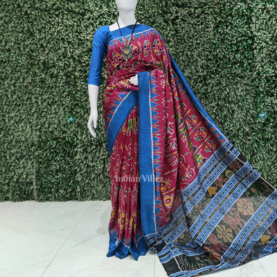 Pink Sky Blue Flower and Elephant Contemporary Odisha Ikat Silk Saree