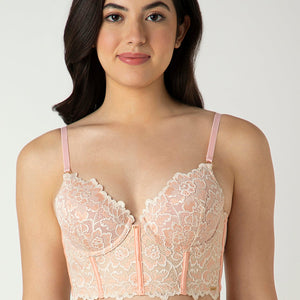Femme Lace Padded Non-Wired Longline Bra - Dusty Pink