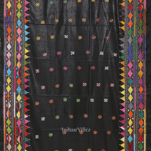 Black Handwoven Kantha Stitch Silk Saree