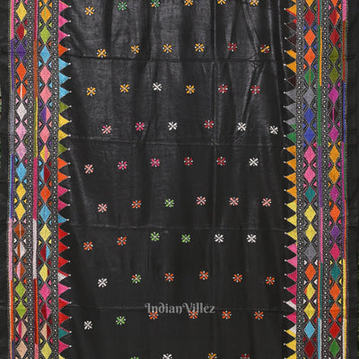 Black Handwoven Kantha Stitch Silk Saree