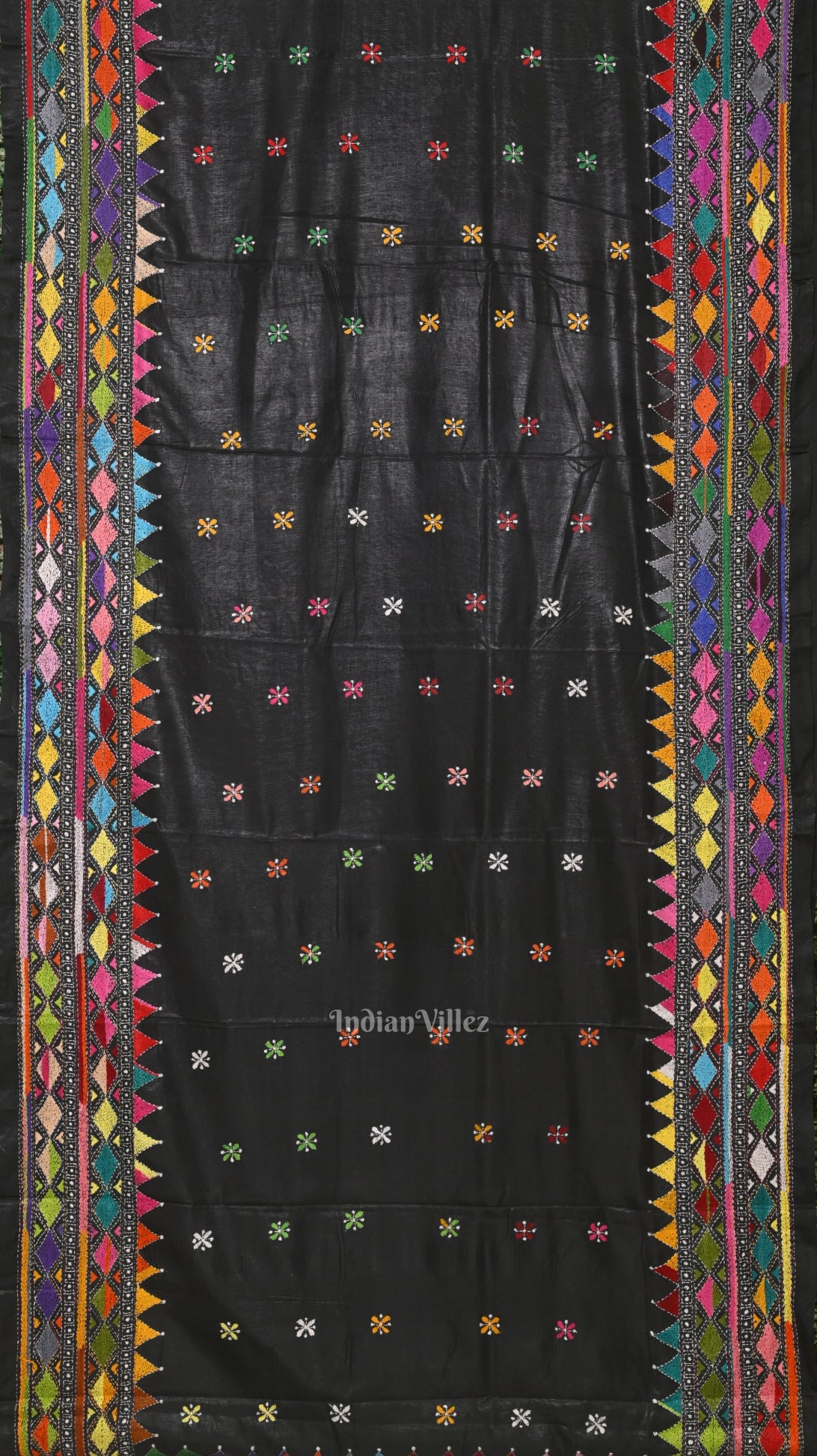 Black Handwoven Kantha Stitch Silk Saree