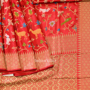 Pure Authentic Red Tussar Banarasi Silk Saree with thread embroidery