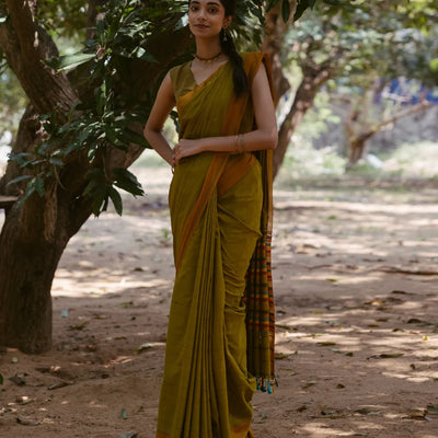 Olive Green Handloom Bengal Cotton Saree With ( Dora ) Stripes in Green, Brown and Red