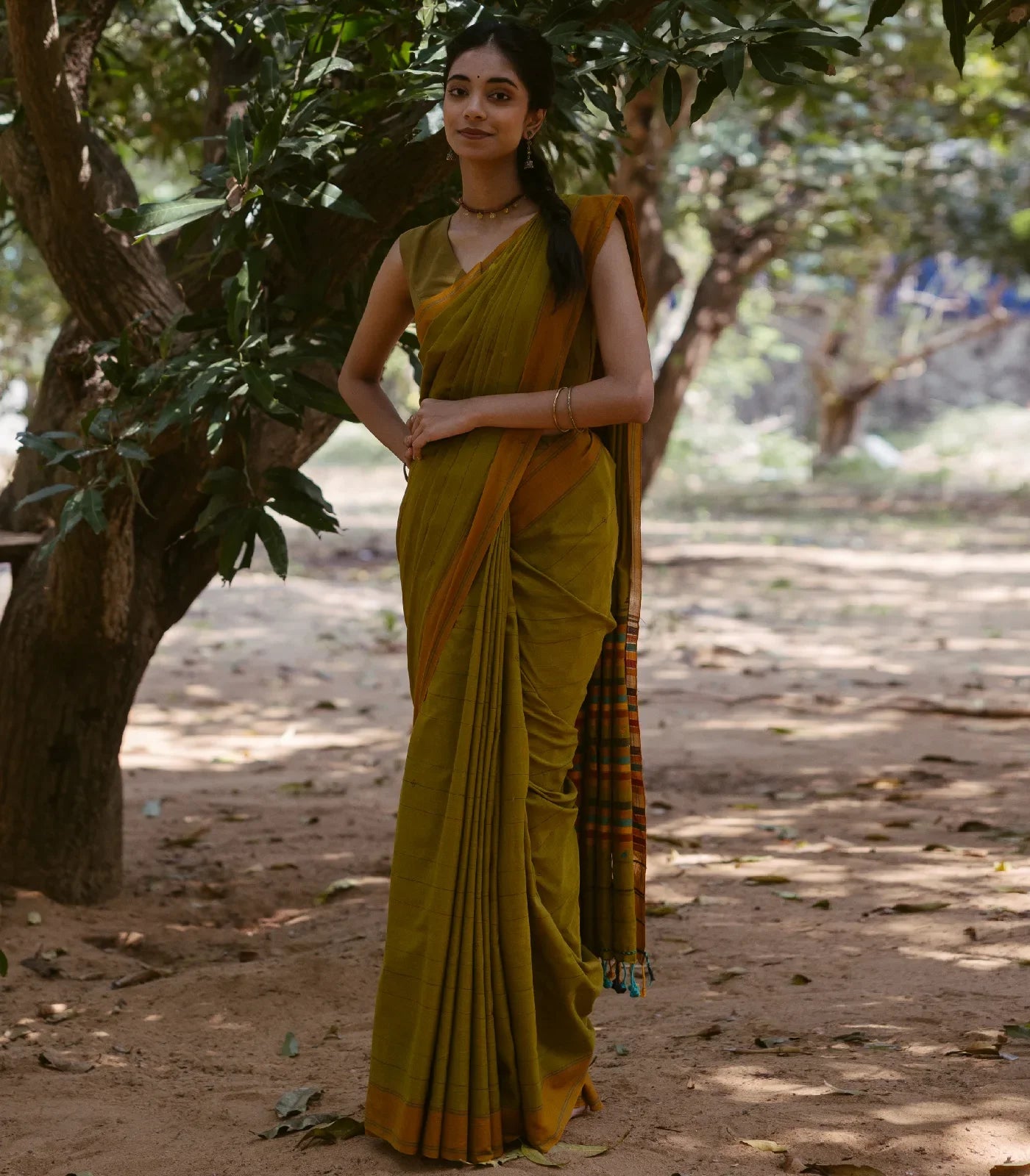Olive Green Handloom Bengal Cotton Saree With ( Dora ) Stripes in Green, Brown and Red