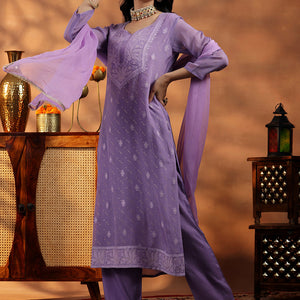 Lavender Embroidered Organza Straight Suit With Dupatta