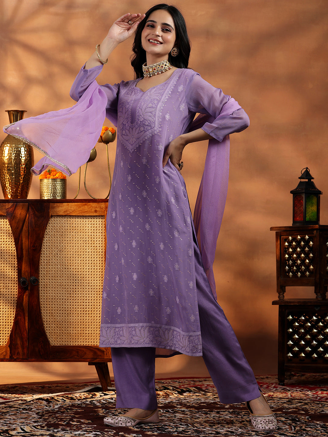 Lavender Embroidered Organza Straight Suit With Dupatta