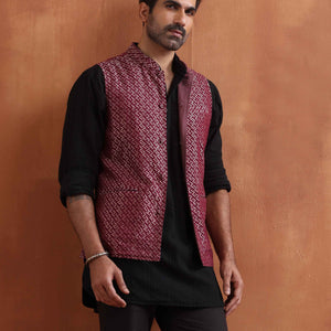 trueBrowns Men's Dark Purple Cotton Dobby Nehru Jacket