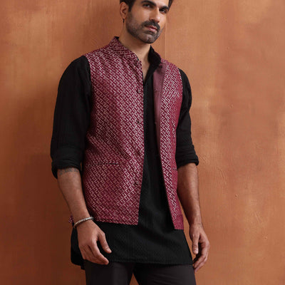 trueBrowns Men's Dark Purple Cotton Dobby Nehru Jacket