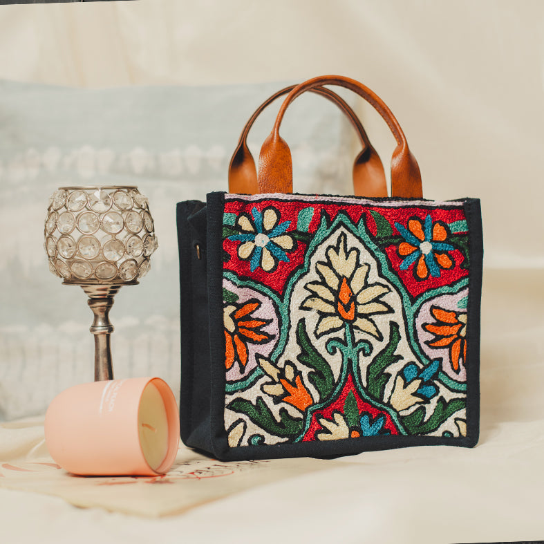 Black - Tulip Blue Chain Stitch Hand Embroidery Canvas Mini Book Bag