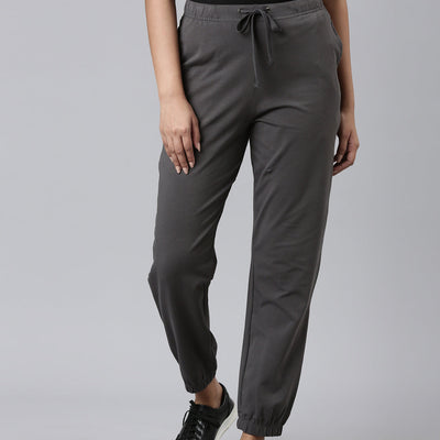 Women Solid Silver Grey Mid Rise Cotton Casual Joggers