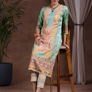 Green Printed Crepe Straight Kurta