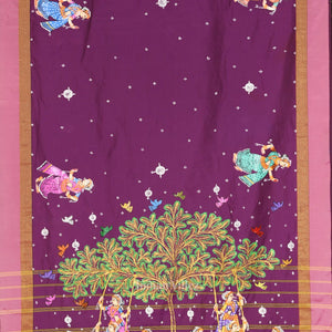 Magenta Pink Raja Doli Theme Hand-Painted Pattachitra Saree