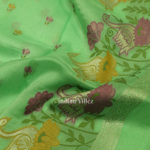 Pista Green Floral Motif Designer Banarasi Katan Silk Saree