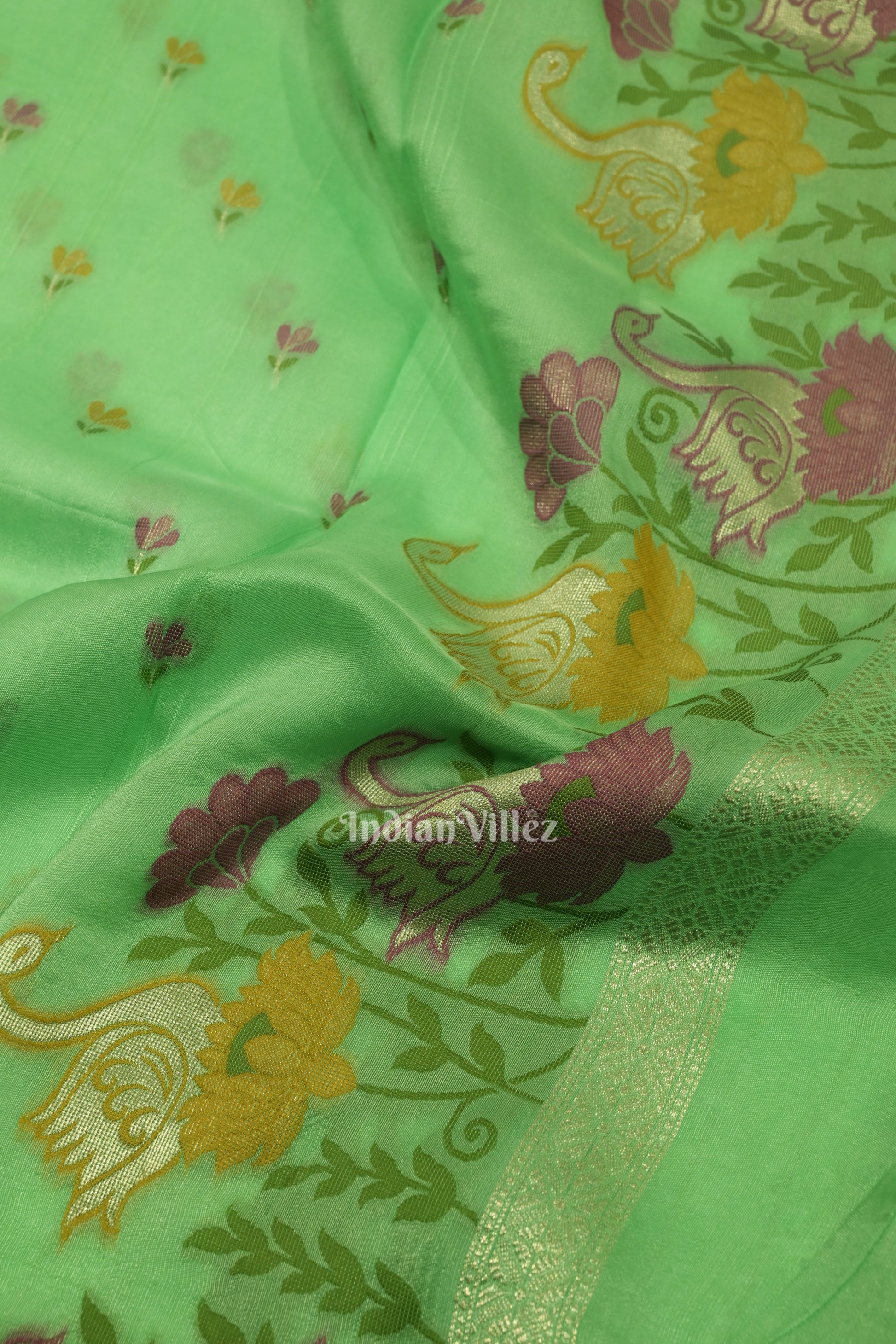 Pista Green Floral Motif Designer Banarasi Katan Silk Saree