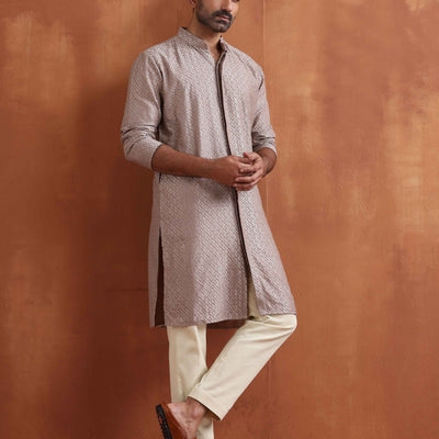 trueBrowns Men's Beige Cotton Dobby Kurta