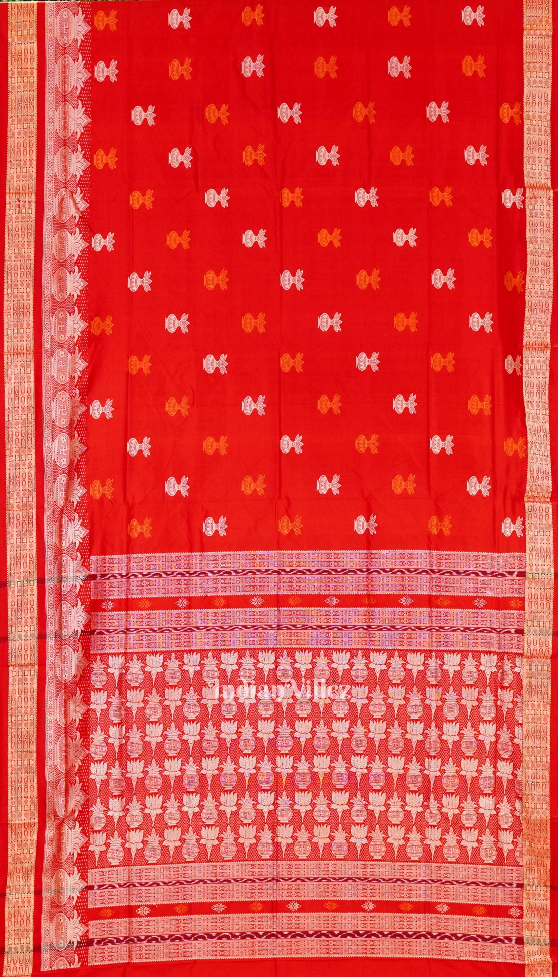 Red With Kalash Design Bomkai Sambalpuri Silk Saree