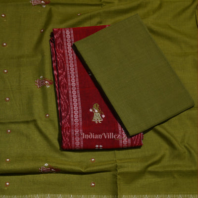 Maroon Mehendi  Doll Odisha Ikat Sambalpuri Cotton Dress set with Dupatta
