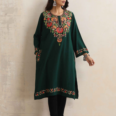 trueBrowns Green Kashmiri Embroidered Woollen Phiran Kurta