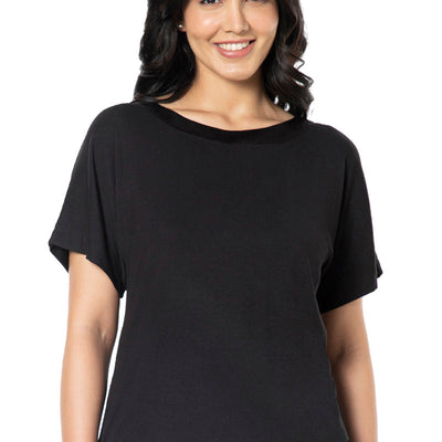 Satin Edge Half Sleeve Round Neck Sleep Top - Black
