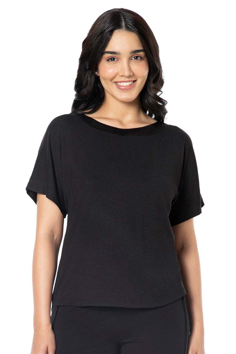Satin Edge Half Sleeve Round Neck Sleep Top - Black