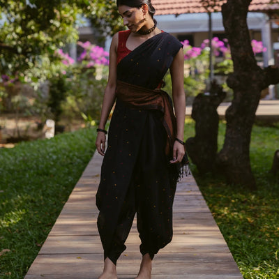 Black Handloom Bengal Cotton Saree With With Yellow and red buttis