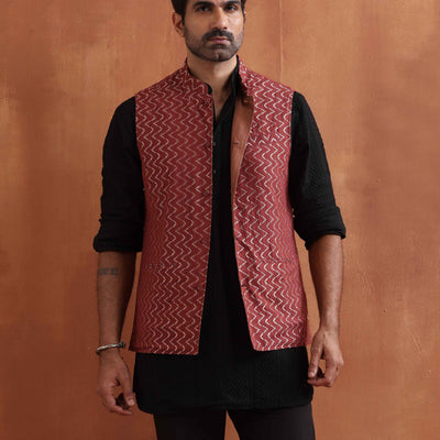 trueBrowns Men's Rust Cotton Dobby Nehru Jacket