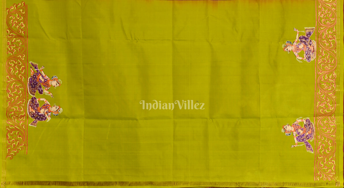 Magenta With Parrot Green Marriage Theme Hand-Painted Pattachitra Saree